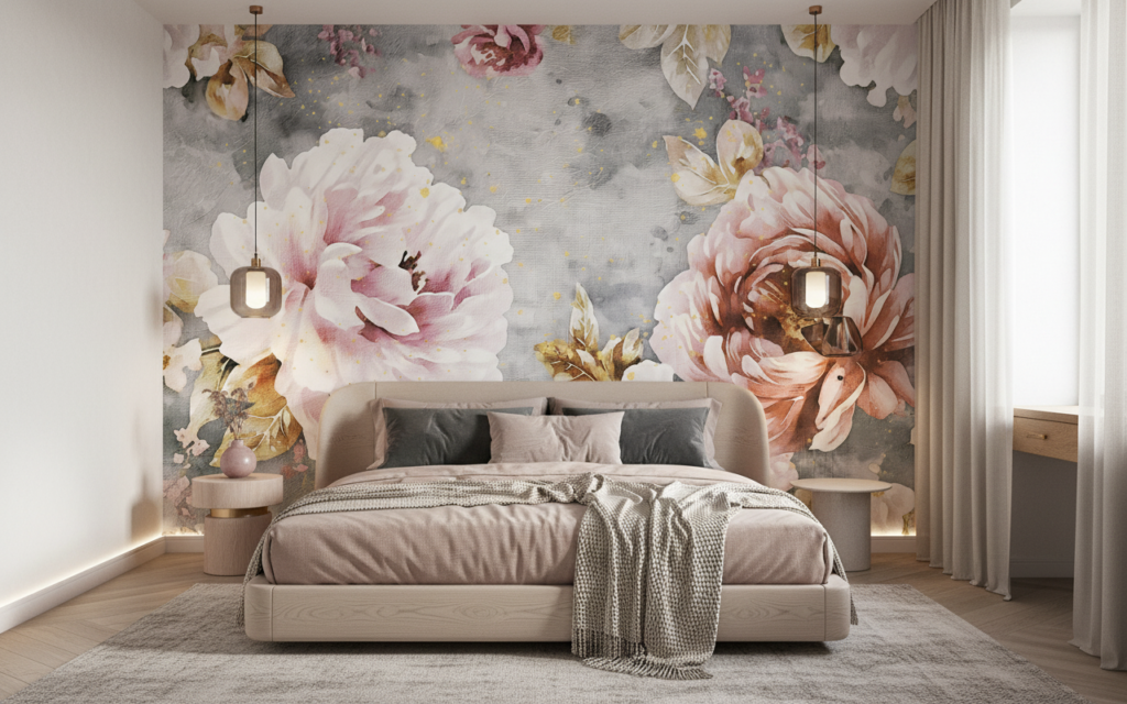 Papier Peint Floral Romantique Pivoines Roses sur Fond Gris Texturé - Chambre adulte