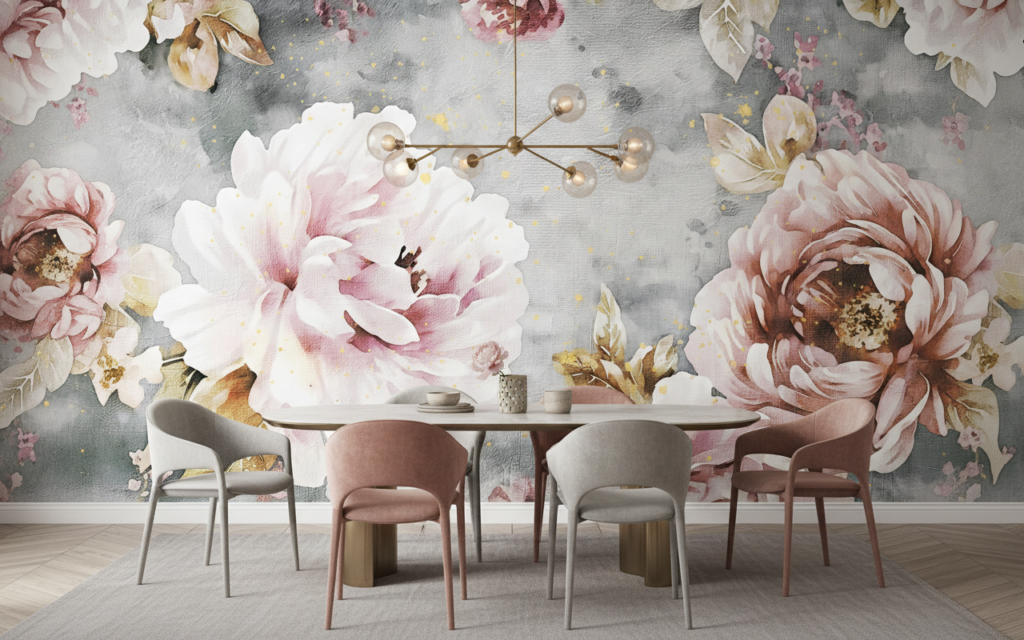 Papier Peint Floral Romantique Pivoines Roses sur Fond Gris Texturé - Salle à manger