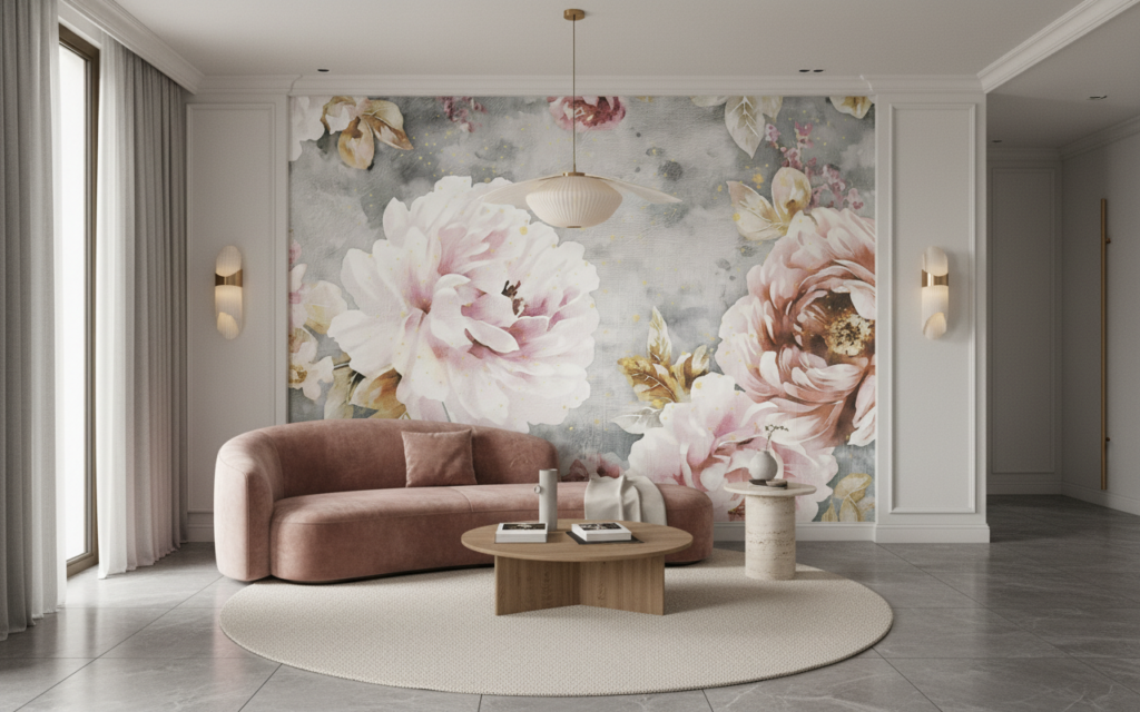 Papier Peint Floral Romantique Pivoines Roses sur Fond Gris Texturé - Salon / Séjour