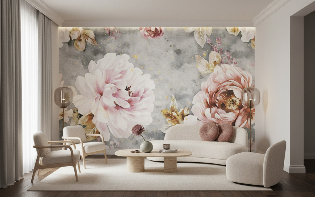 Papier Peint Floral Romantique Pivoines Roses sur Fond Gris Texturé - Salon / Séjour
