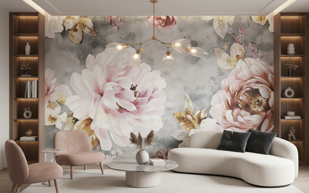 Papier Peint Floral Romantique Pivoines Roses sur Fond Gris Texturé - Salon / Séjour