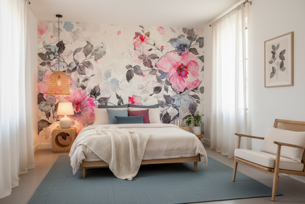 Papier Peint Floral Romantique Rose et Gris Aquarelle - Chambre ado