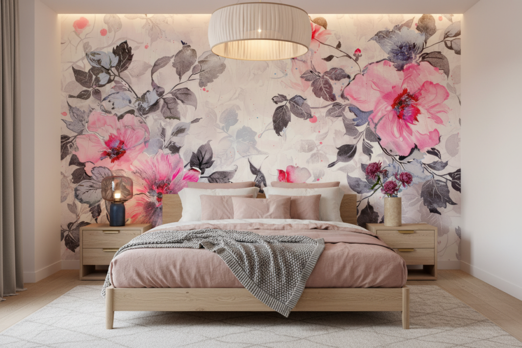 Papier Peint Floral Romantique Rose et Gris Aquarelle - Chambre adulte