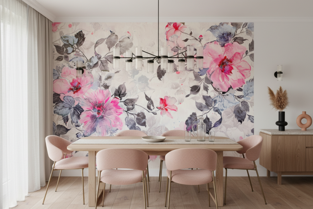 Papier Peint Floral Romantique Rose et Gris Aquarelle - Salle à manger