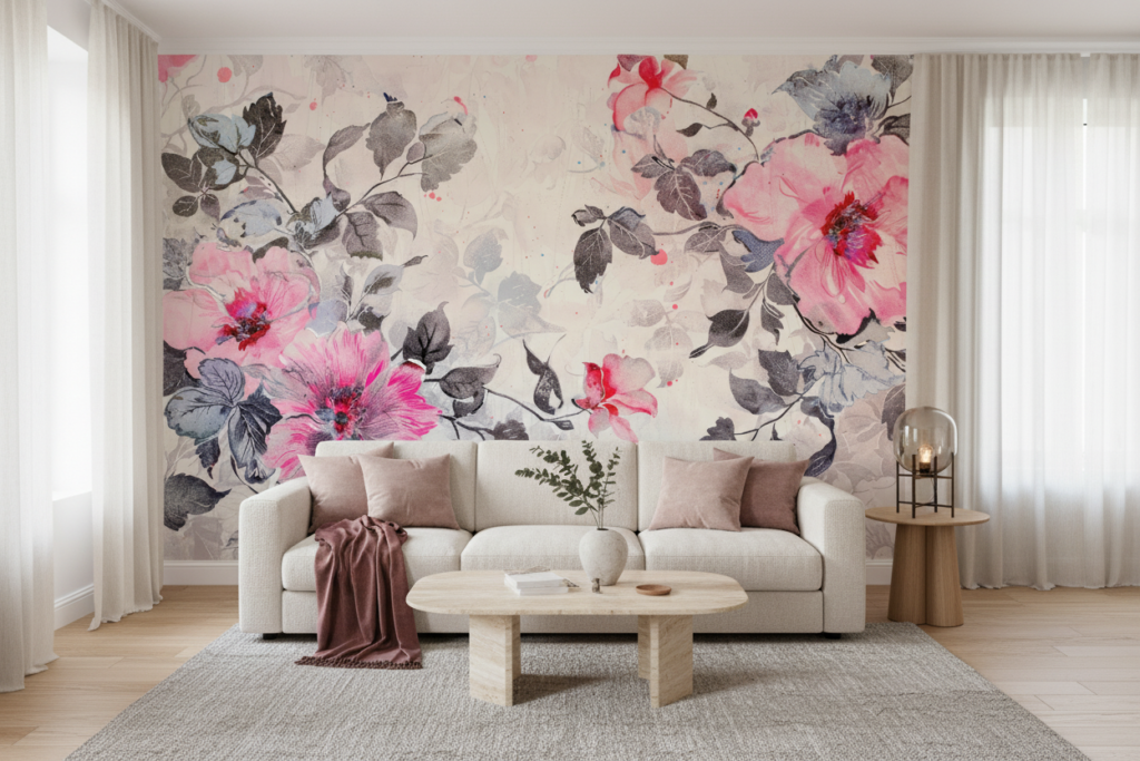 Papier Peint Floral Romantique Rose et Gris Aquarelle - Salon / Séjour