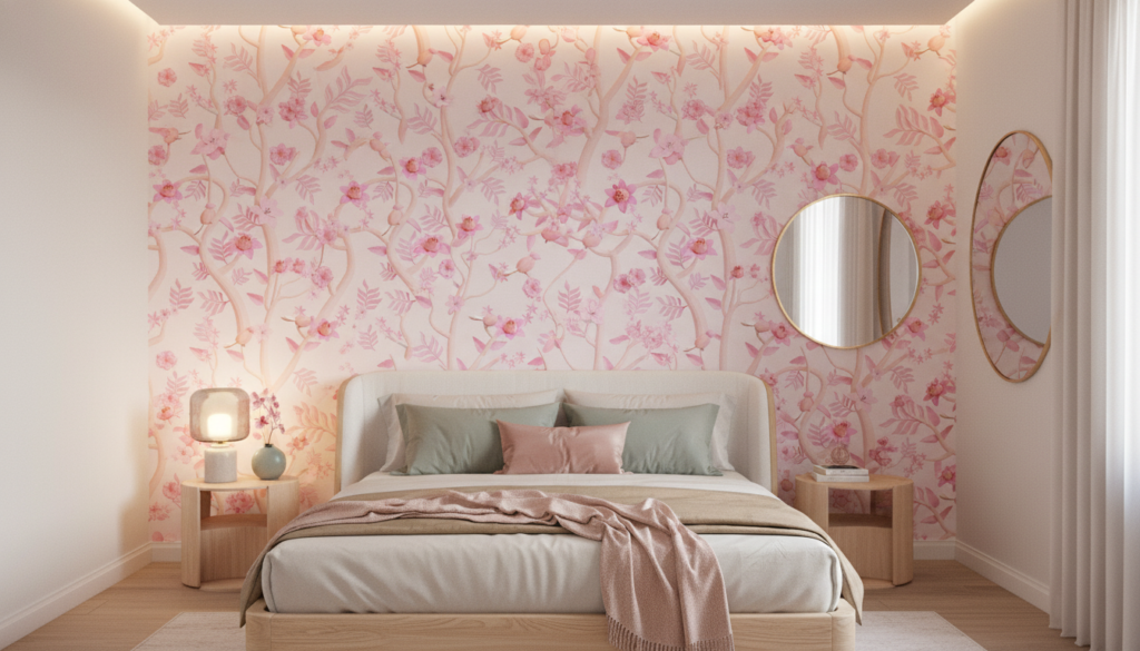 Papier peint floral rose avec branches délicates et orchidées romantiques - Chambre adulte