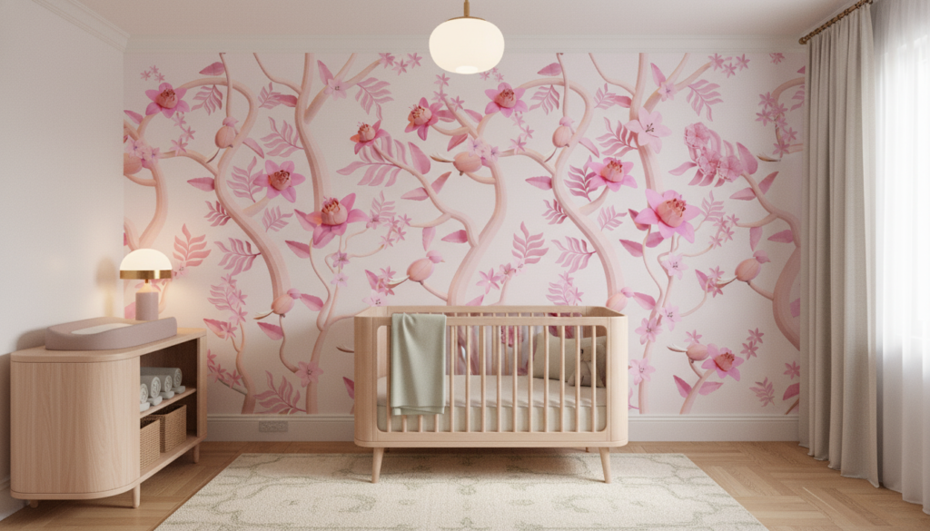 Papier peint floral rose avec branches délicates et orchidées romantiques - Chambre bébé