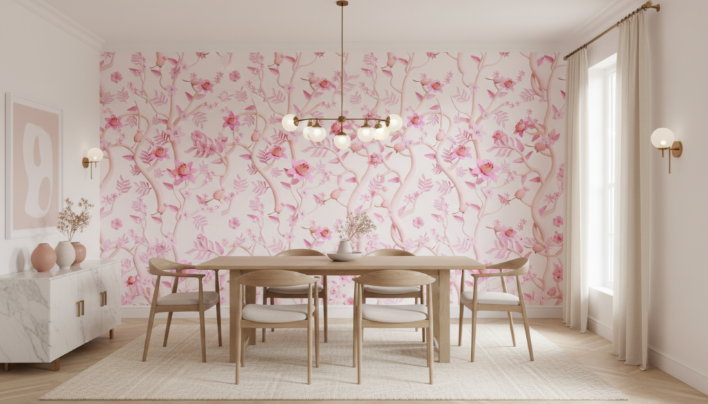 Papier peint floral rose avec branches délicates et orchidées romantiques - Salle à manger