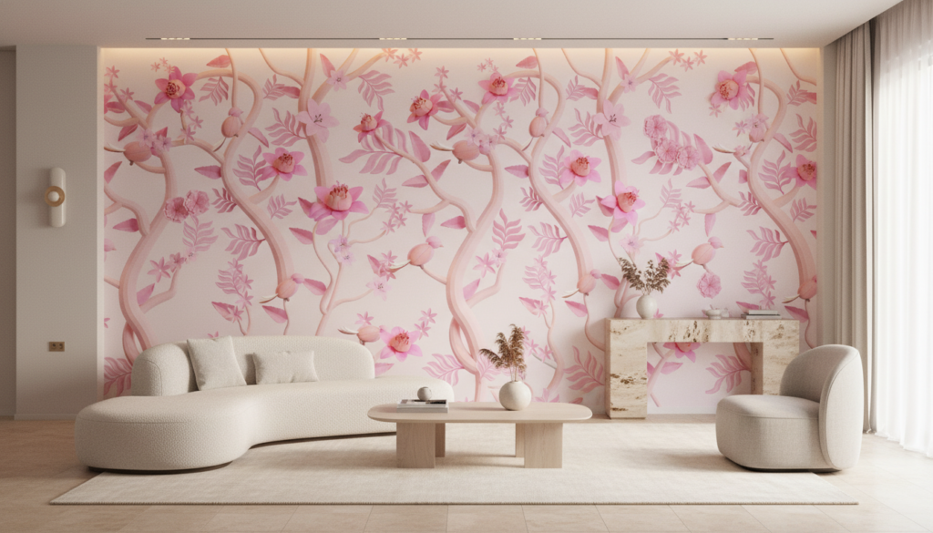 Papier peint floral rose avec branches délicates et orchidées romantiques - Salon / Séjour