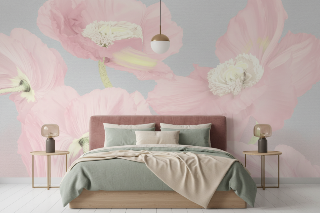 Papier Peint Floral Rose Poudré Pivoines Délicates Style Romantique - Chambre adulte