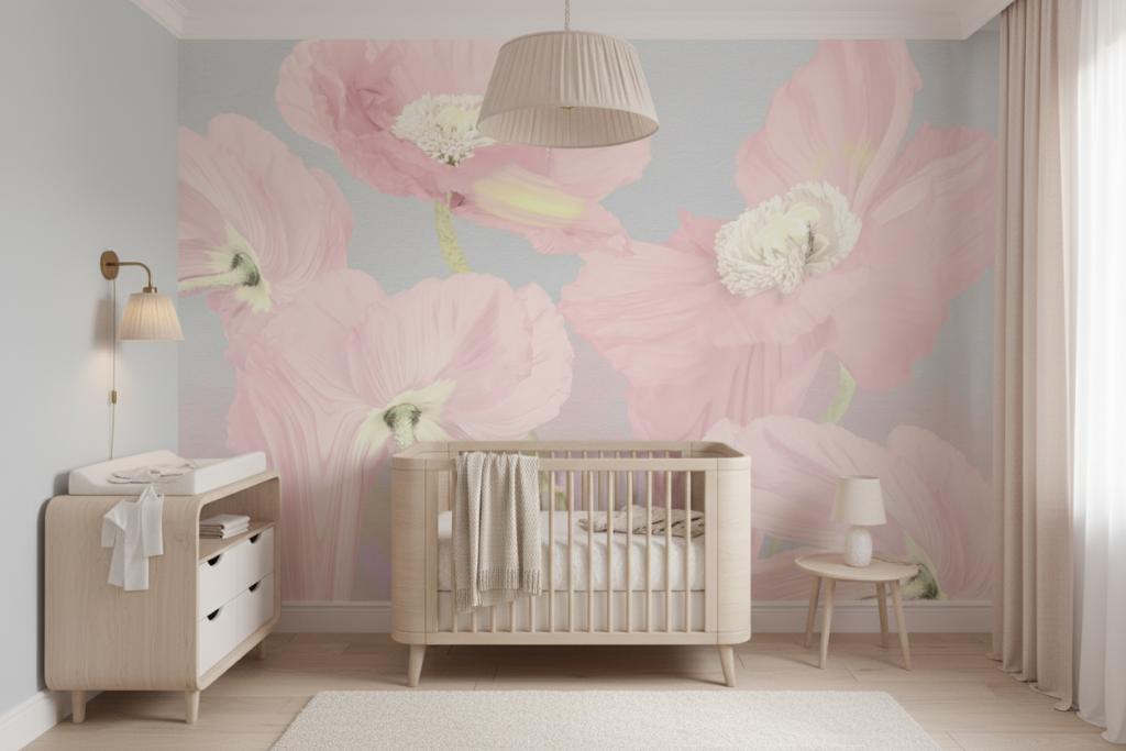 Papier Peint Floral Rose Poudré Pivoines Délicates Style Romantique - Chambre bébé