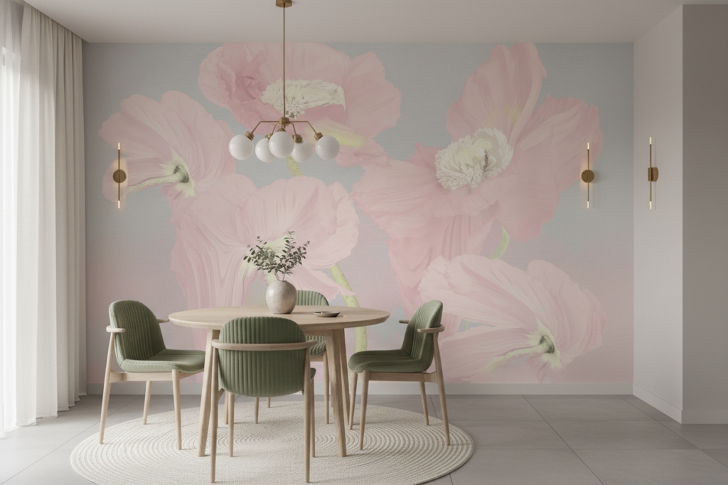 Papier Peint Floral Rose Poudré Pivoines Délicates Style Romantique - Salle à manger