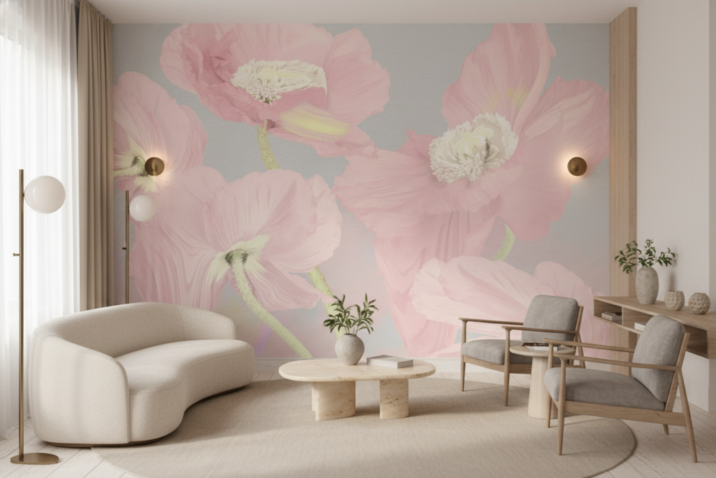 Papier Peint Floral Rose Poudré Pivoines Délicates Style Romantique - Salon / Séjour