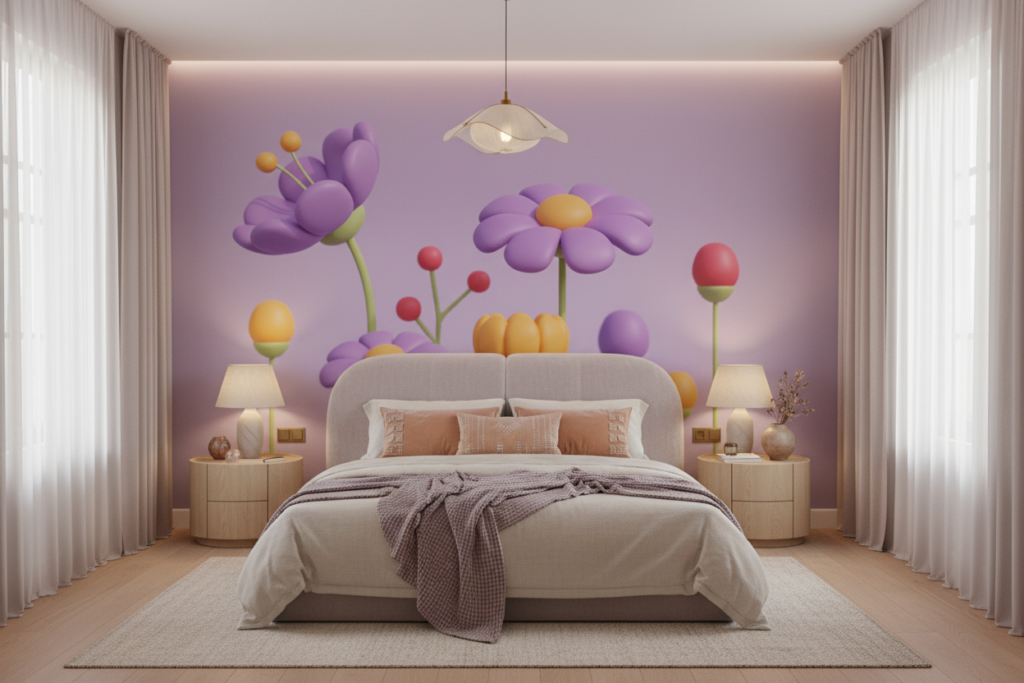 Papier peint floral stylisé aux tons pastel violets et orangés - Chambre adulte