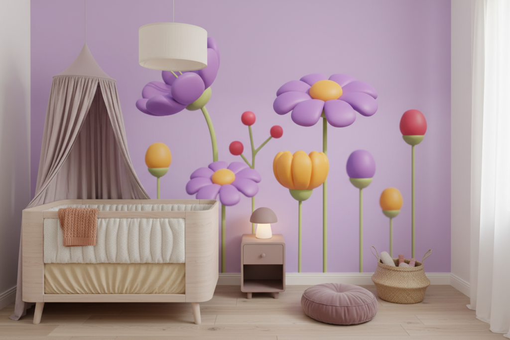 Papier peint floral stylisé aux tons pastel violets et orangés - Chambre bébé