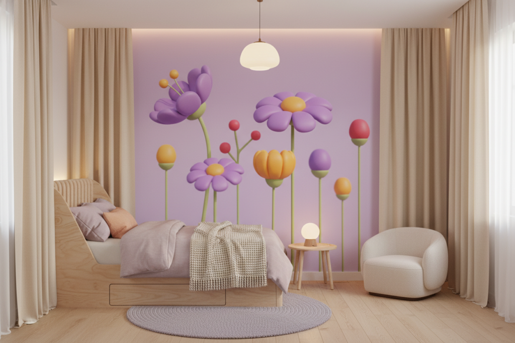 Papier peint floral stylisé aux tons pastel violets et orangés - Chambre enfant