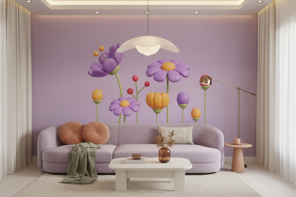 Papier peint floral stylisé aux tons pastel violets et orangés - Salon / Séjour