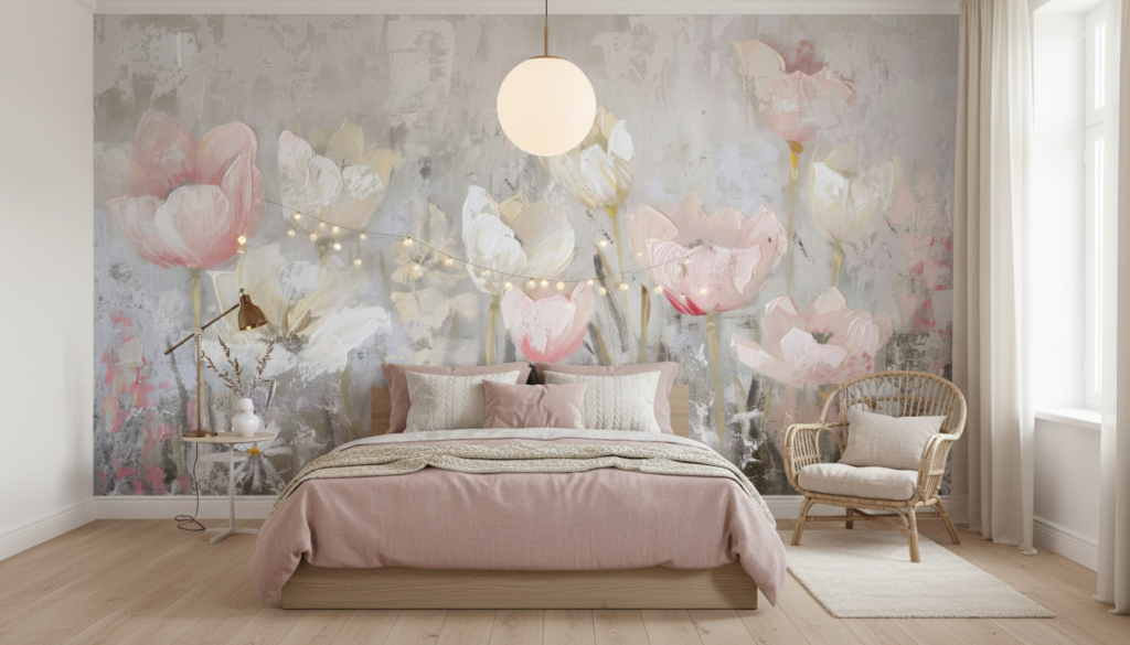 Papier peint floral tulipes roses et blanches sur fond texturé - Chambre ado