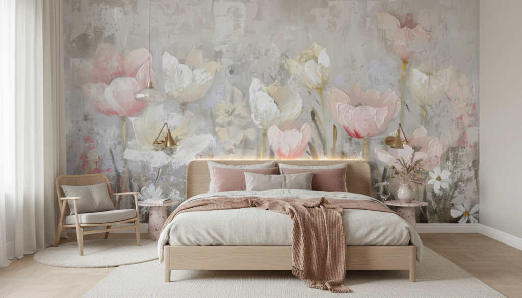 Papier peint floral tulipes roses et blanches sur fond texturé - Chambre adulte