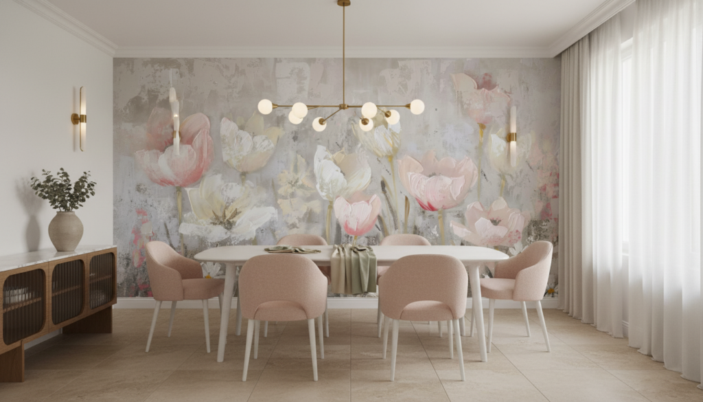 Papier peint floral tulipes roses et blanches sur fond texturé - Salle à manger