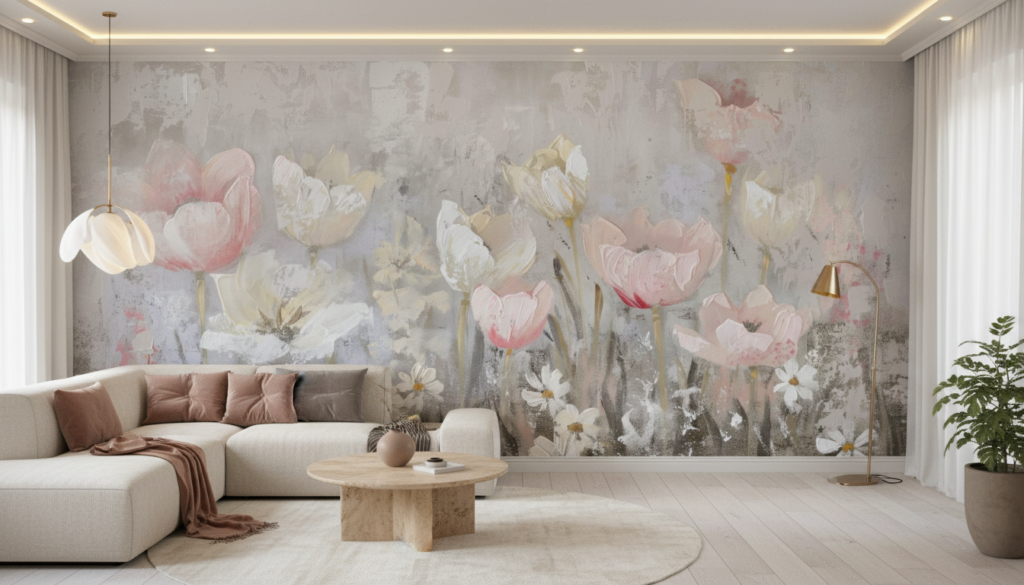 Papier peint floral tulipes roses et blanches sur fond texturé - Salon / Séjour
