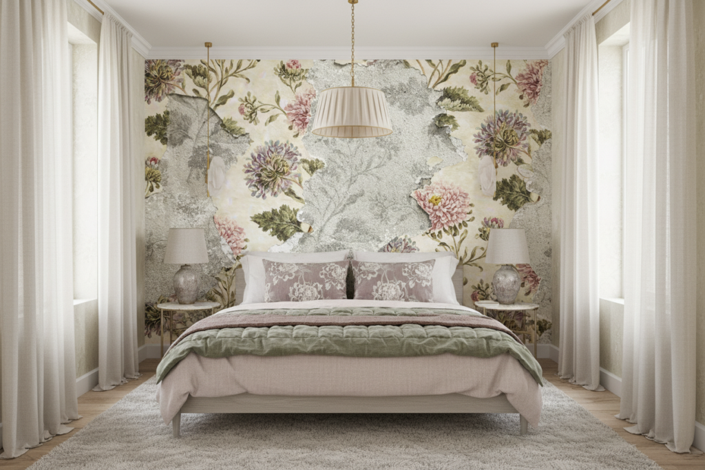 Papier Peint Floral Vintage aux Chrysanthèmes Romantiques sur Mur Fissuré - Chambre adulte