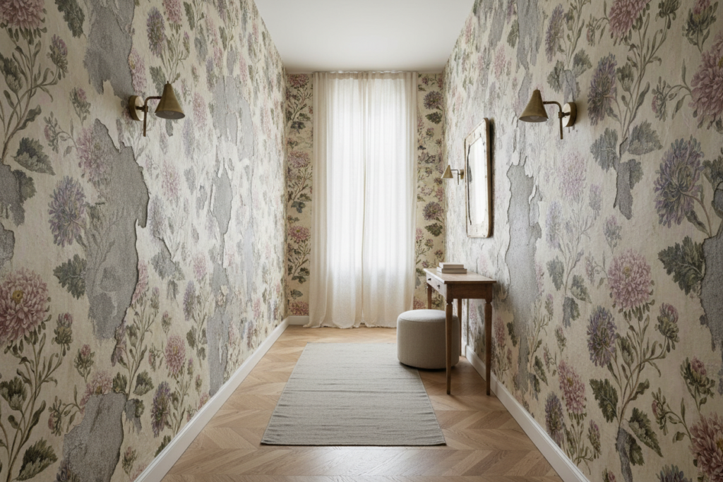 Papier Peint Floral Vintage aux Chrysanthèmes Romantiques sur Mur Fissuré - Couloir