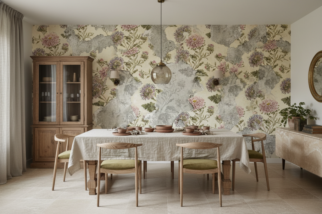 Papier Peint Floral Vintage aux Chrysanthèmes Romantiques sur Mur Fissuré - Salle à manger
