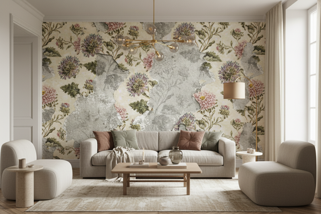 Papier Peint Floral Vintage aux Chrysanthèmes Romantiques sur Mur Fissuré - Salon / Séjour