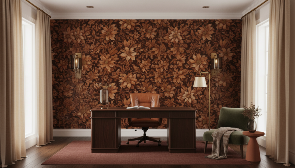 Papier peint floral vintage aux tons cuivrés et dorés - Bureau
