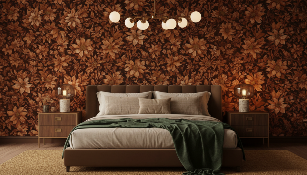 Papier peint floral vintage aux tons cuivrés et dorés - Chambre adulte