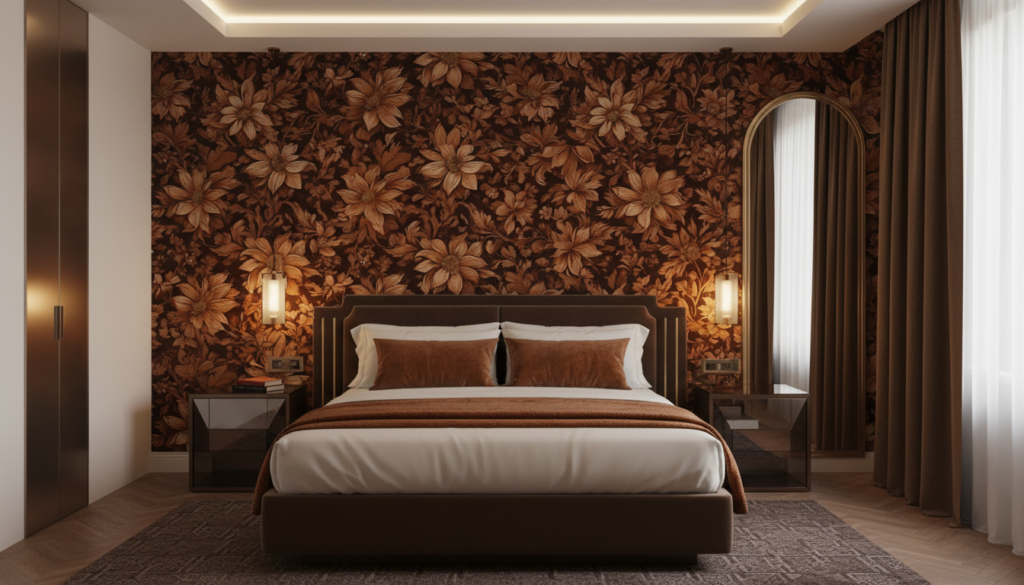 Papier peint floral vintage aux tons cuivrés et dorés - Hôtel