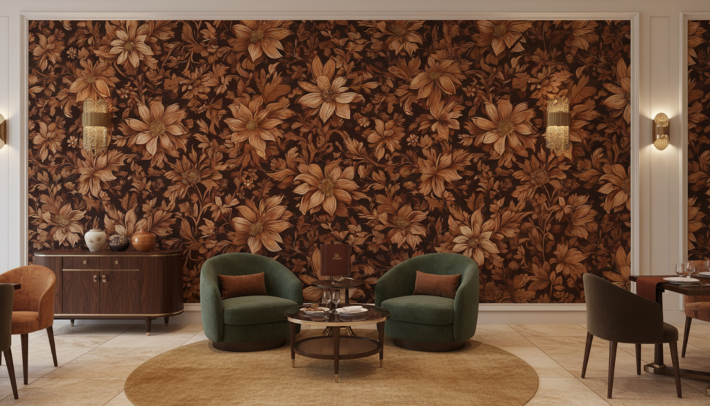 Papier peint floral vintage aux tons cuivrés et dorés - Restaurant