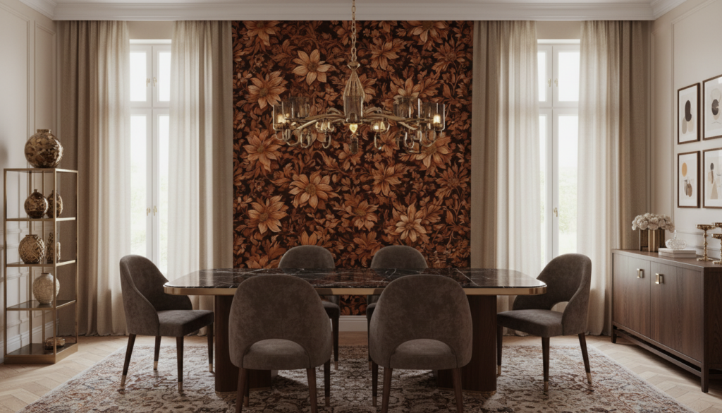Papier peint floral vintage aux tons cuivrés et dorés - Salle à manger