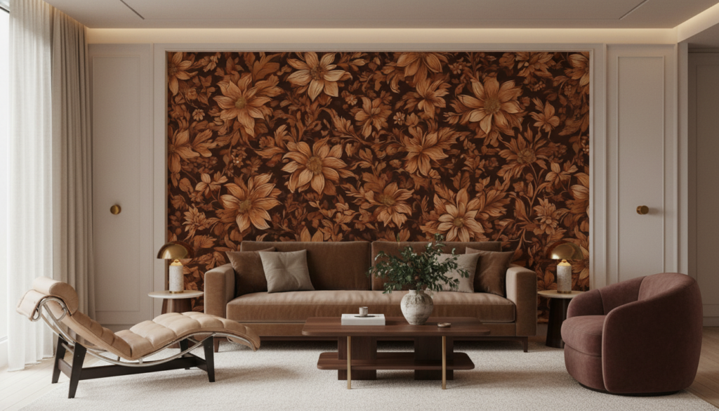 Papier peint floral vintage aux tons cuivrés et dorés - Salon / Séjour