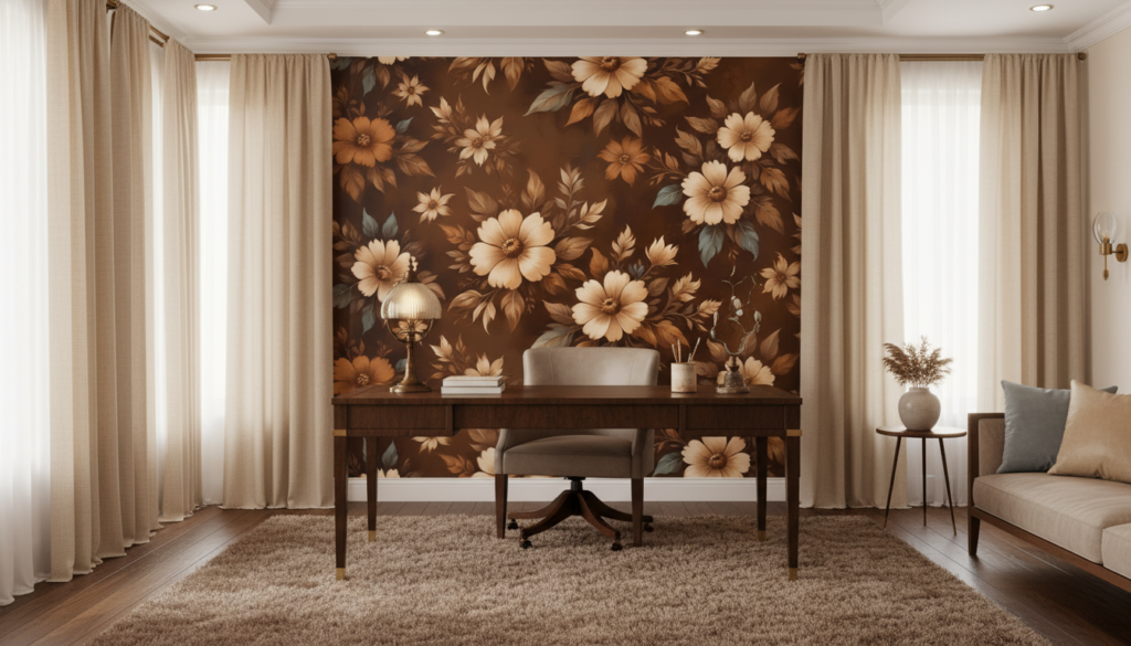 Papier peint floral vintage aux tons dorés et bruns chaleureux - Bureau