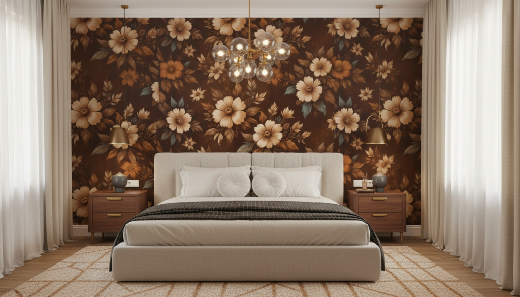 Papier peint floral vintage aux tons dorés et bruns chaleureux - Chambre adulte