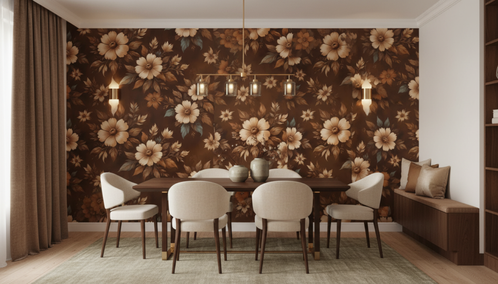 Papier peint floral vintage aux tons dorés et bruns chaleureux - Salle à manger