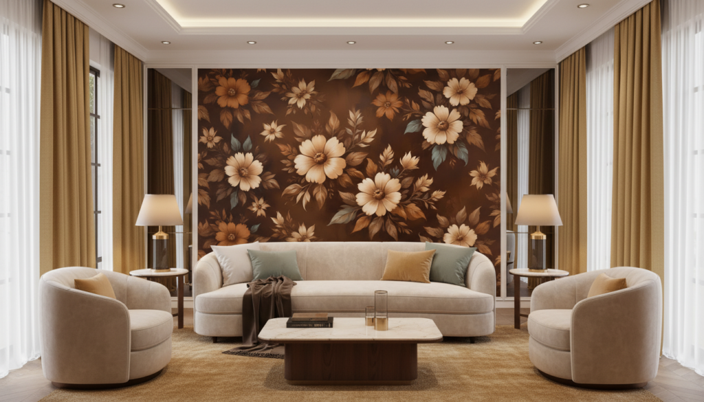 Papier peint floral vintage aux tons dorés et bruns chaleureux - Salon / Séjour