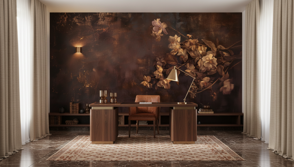 Papier peint floral vintage aux tons dorés et bruns chauds - Bureau