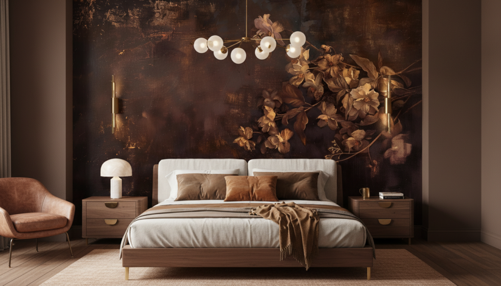 Papier peint floral vintage aux tons dorés et bruns chauds - Chambre adulte