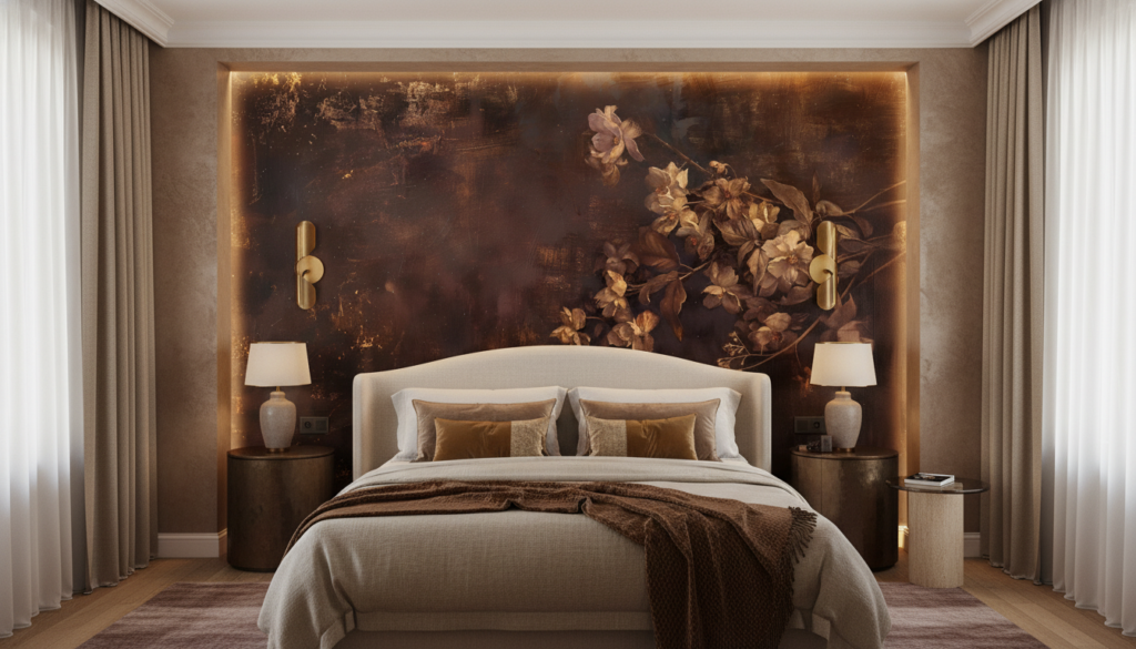 Papier peint floral vintage aux tons dorés et bruns chauds - Hôtel