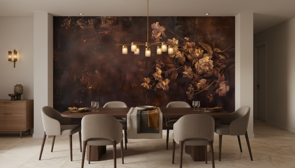Papier peint floral vintage aux tons dorés et bruns chauds - Salle à manger