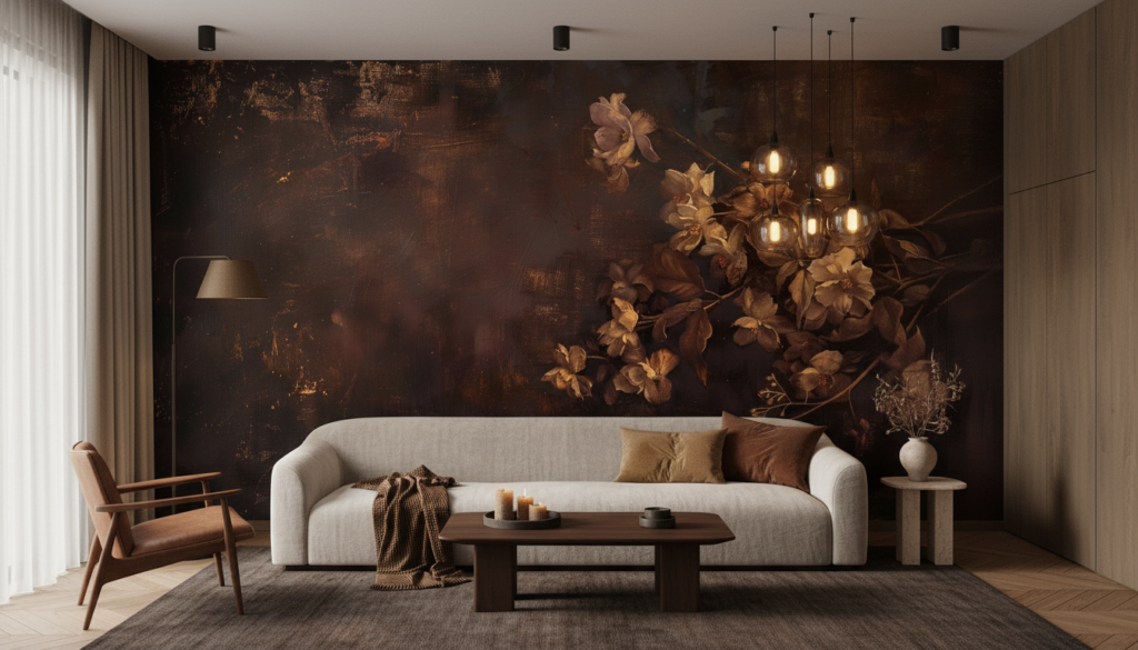 Papier peint floral vintage aux tons dorés et bruns chauds - Salon / Séjour