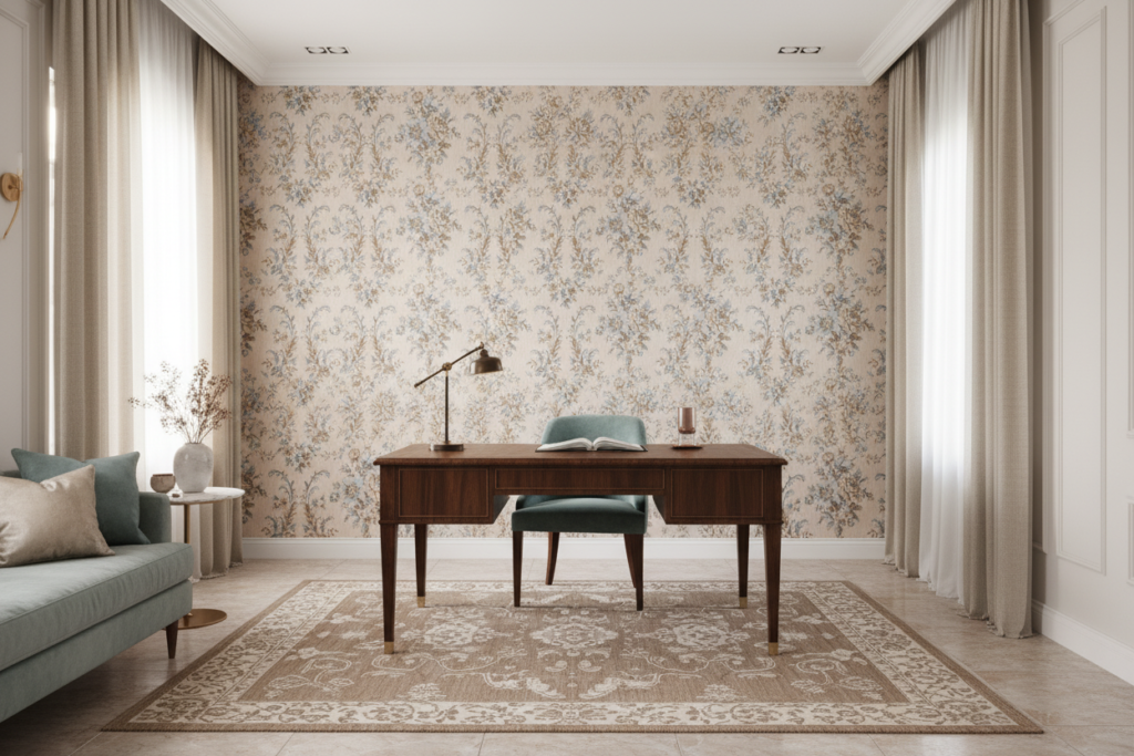 Papier peint floral vintage aux tons pastel bleu et beige - Bureau