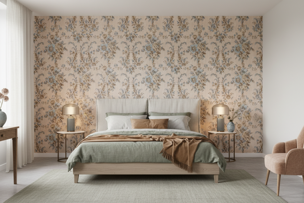 Papier peint floral vintage aux tons pastel bleu et beige - Chambre adulte