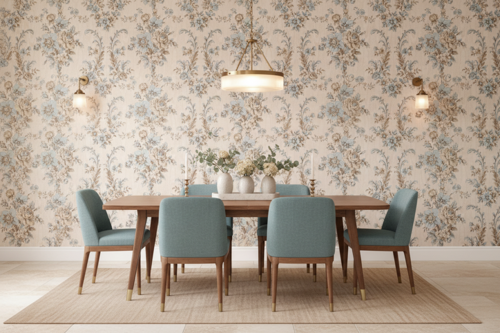 Papier peint floral vintage aux tons pastel bleu et beige - Salle à manger