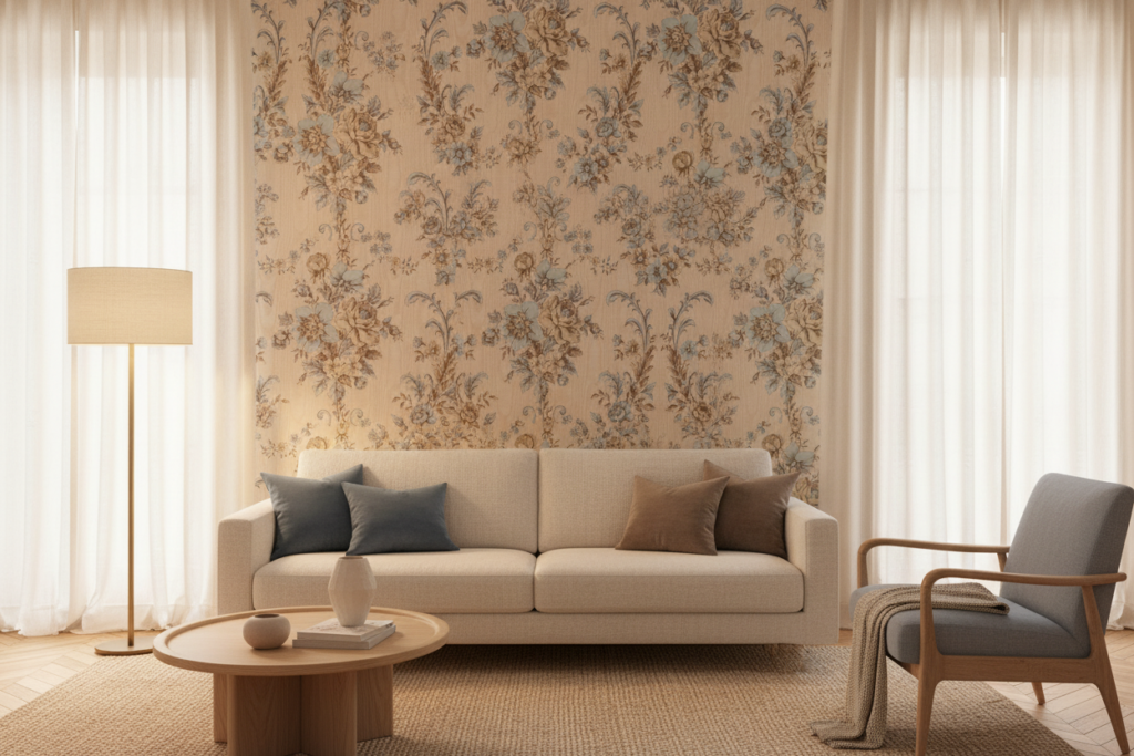 Papier peint floral vintage aux tons pastel bleu et beige - Salon / Séjour