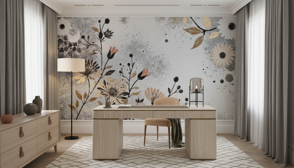 Papier peint floral vintage aux tons poudrés et dorés - Bureau