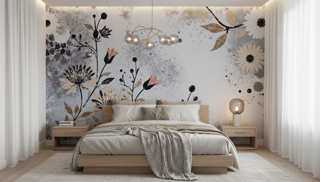 Papier peint floral vintage aux tons poudrés et dorés - Chambre adulte